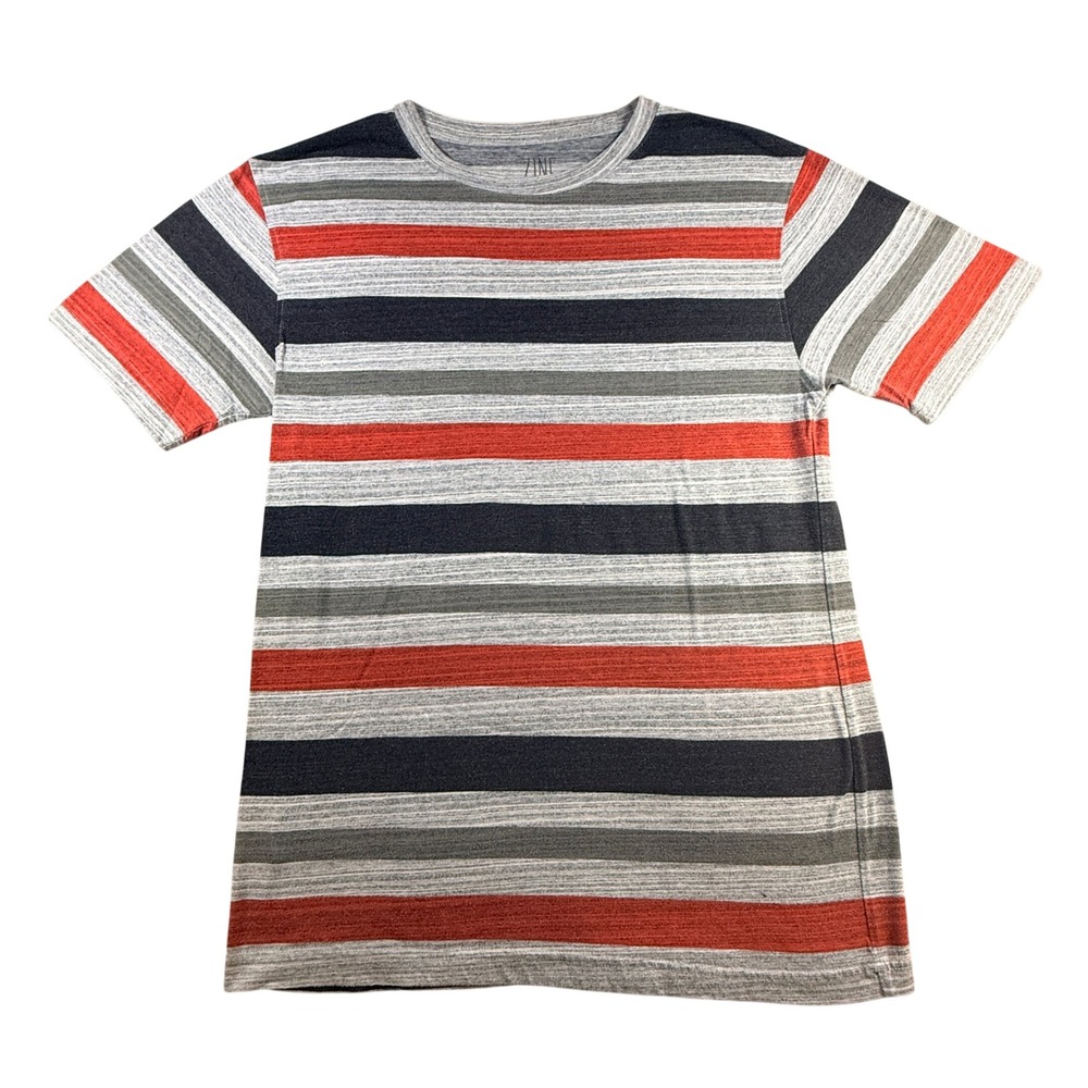Zine Mens T-Shirt Horizontal Stripe Crewneck Large Gray Red Navy Cotton Blend